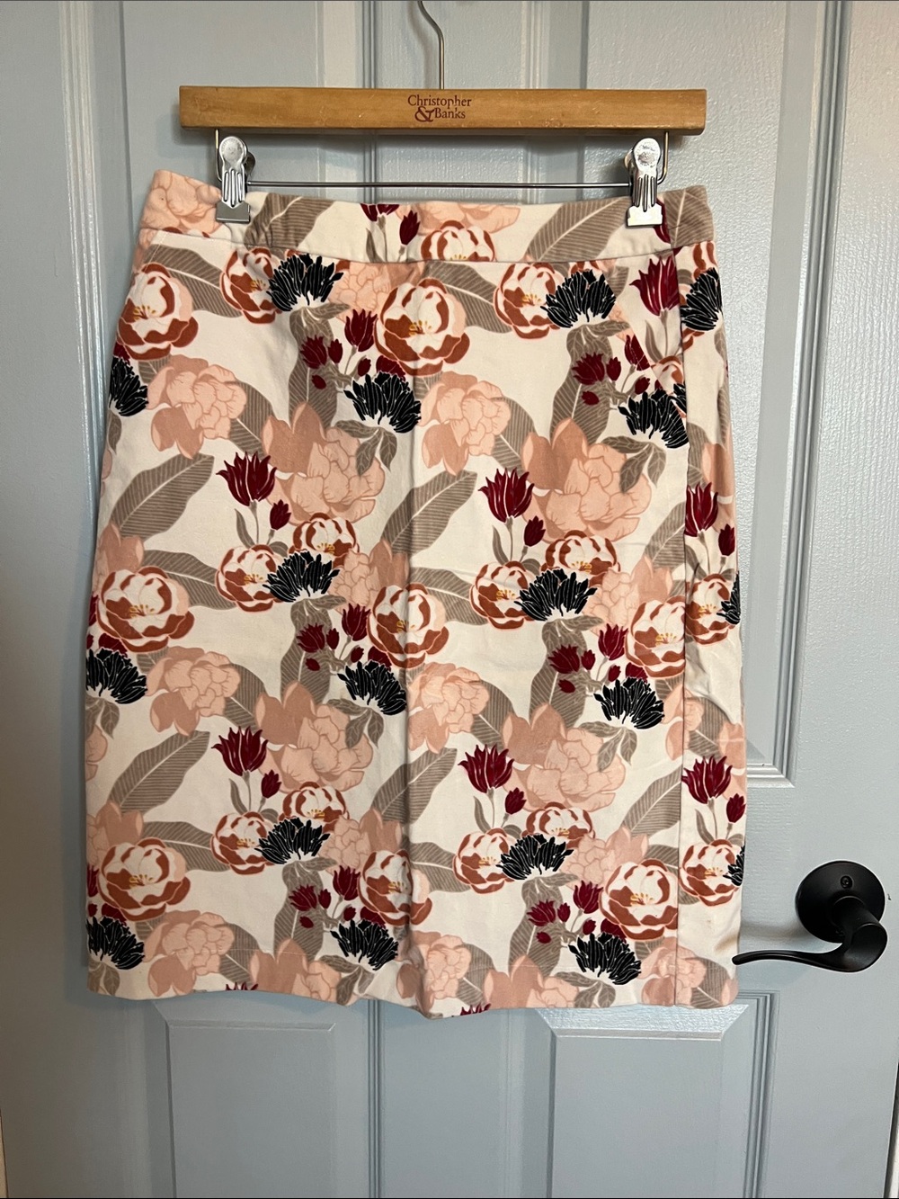 DownEast Floral A-Line Skirt in Cream, Blush & Burgundy
